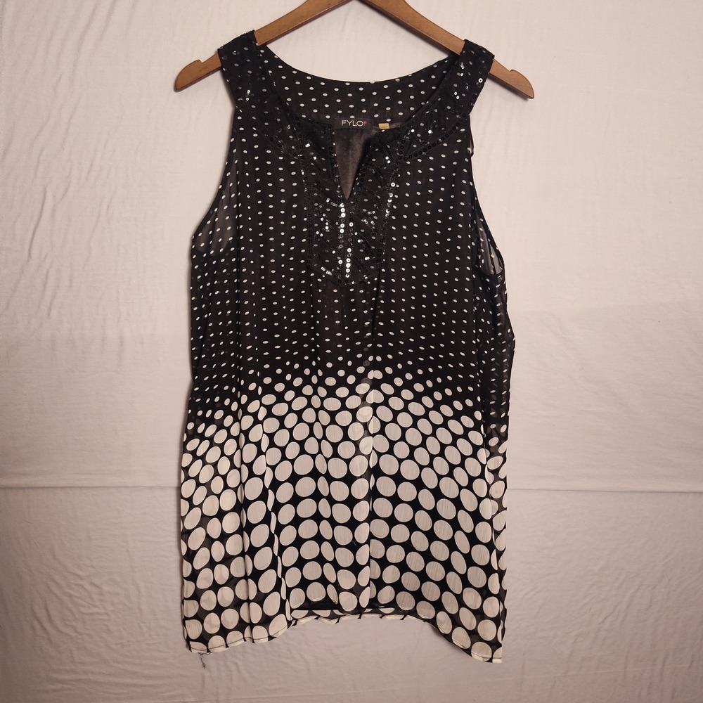 FYLO Women XL Black White Polka Dot Sequin V-Neck Sleeveless Tunic Top A1189